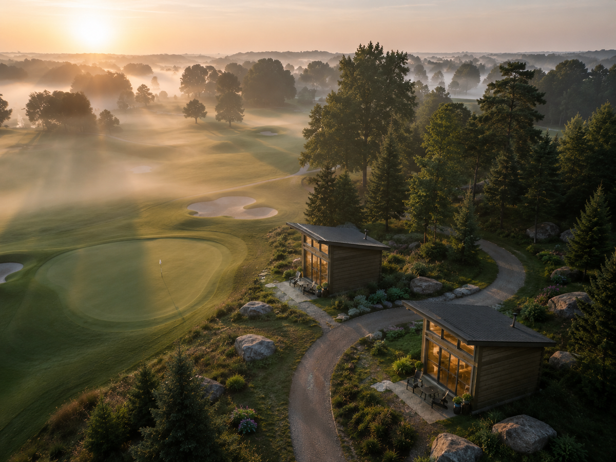 Concept design for Pinecone Greens Golf Club. The Black Hill Bunkie model, luxury 1 bedroom Canadian cabins, overlooking an 18-hole golf course resort in UK