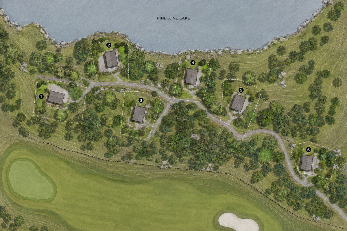 Concept plans for Pinecone Greens Golf Club. Site layout concept for 6 x Black Hill Bunkie lodges. Luxury 1 bedroom Canadian cabins, overlooking an 18-hole golf course resort in UK