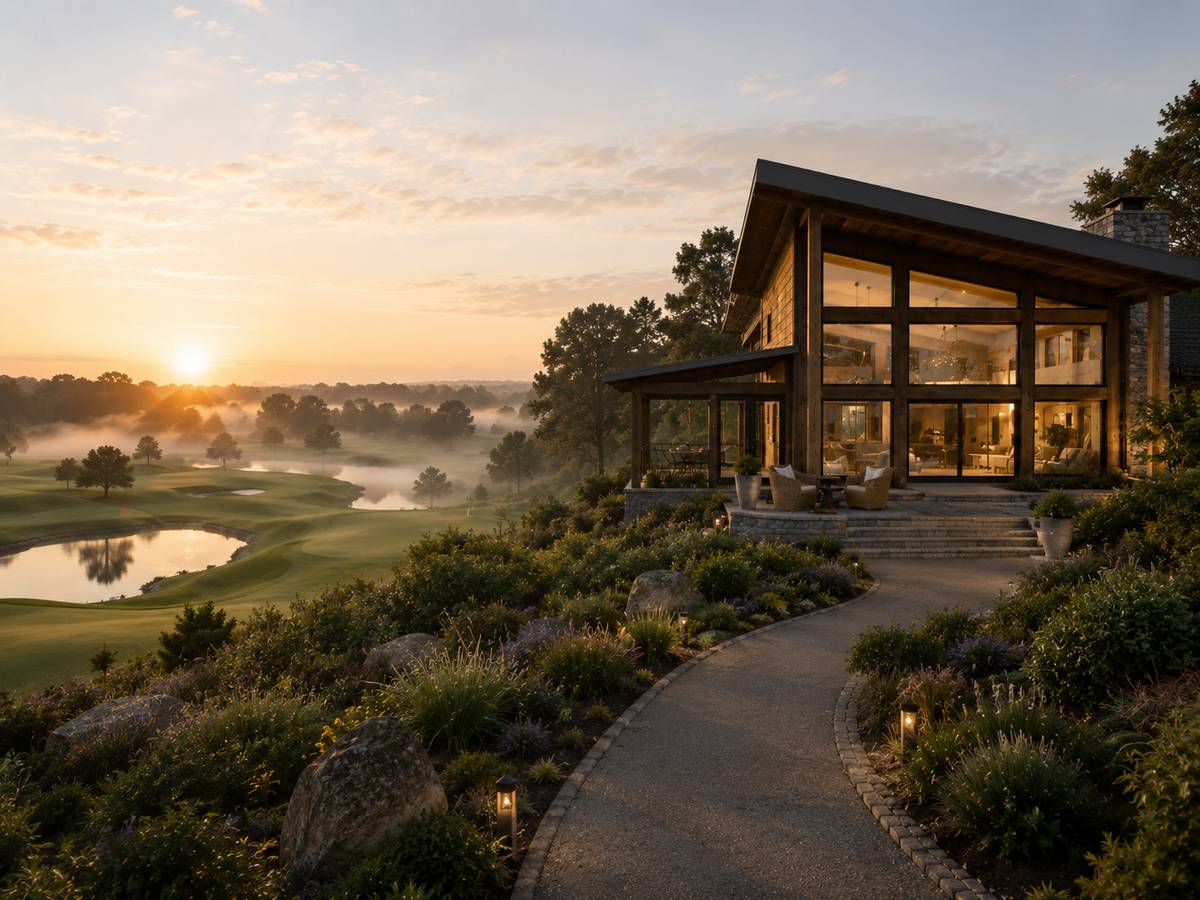 Concept design for Pinecone Greens Golf Club. The Kenzi model, a luxury 3 bedroom Canadian log home, overlooking an 18-hole golf course resort in UK