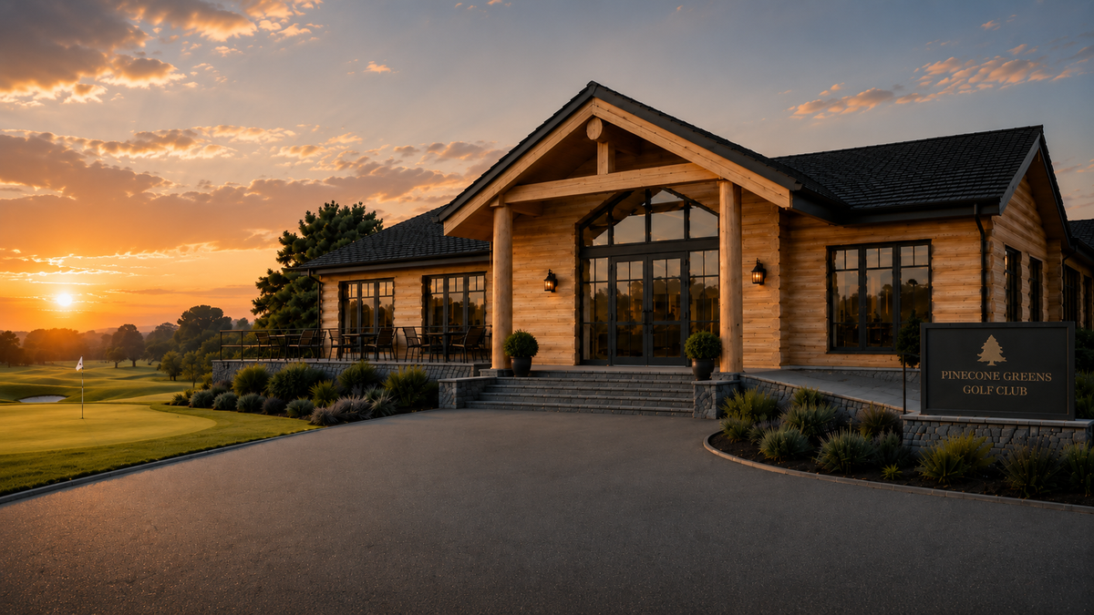 True North Log Homes UK - Concept design for Pinecone Greens Golf Club. A luxury Canadian golf clubhouse,  cafe and shop overlooking an 18-hole golf course in UK